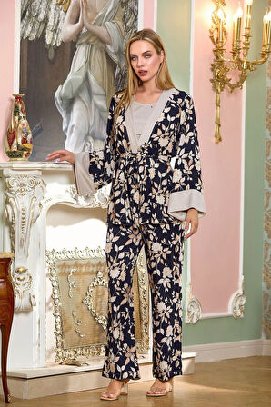 Aesco Aqua 25197 Saten Desenli Sabahlıklı 3'lü Pijama Takımı