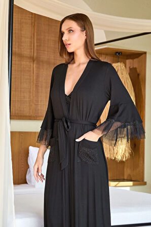 Aesco Aqua 25589 Kadın Uzun Şifon Detay Sabahlık