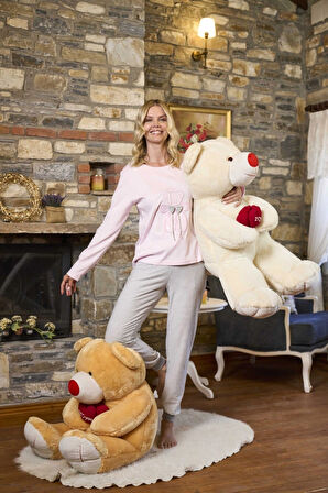 Aesco Aqua 26228 Kadın Uzun Kol Ayıcık Detaylı Pijama Takım