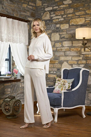 Aesco Aqua 26252 Kadın Kapşonlu İnci Detaylı Uzun Kol Pijama Takımı