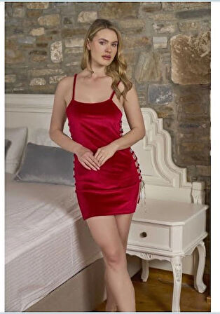 Aesco Aqua 26334 Kadın Kadife Yandan Bağlamalı Kısa Gecelik