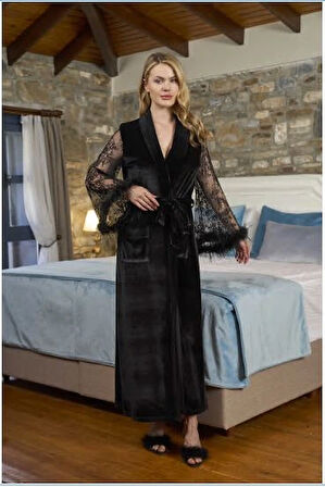 Aesco Aqua 26353 Dantelli Ve Ortişli Kadife Sabahlık