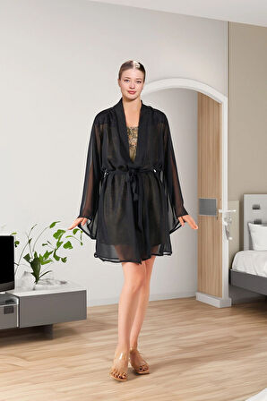 Aesco Aqua 26379 Kadın Leoparlı Kısa Gecelik Sabahlık Takım