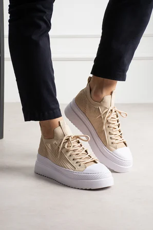 Aesco Mn2601 Sneaker Ayakkabı Bej Vegan Deri Kalın Tabanlı Bağcıklı Ortopedik