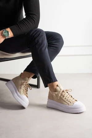 Aesco Mn2601 Sneaker Ayakkabı Bej Vegan Deri Kalın Tabanlı Bağcıklı Ortopedik