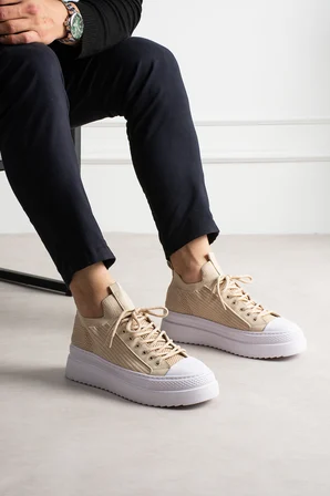 Aesco Mn2601 Sneaker Ayakkabı Bej Vegan Deri Kalın Tabanlı Bağcıklı Ortopedik