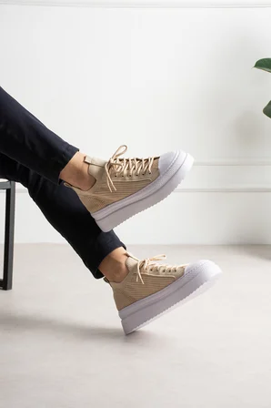 Aesco Mn2601 Sneaker Ayakkabı Bej Vegan Deri Kalın Tabanlı Bağcıklı Ortopedik
