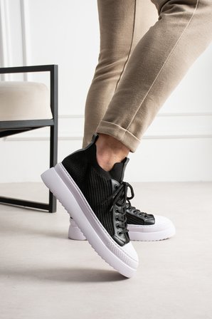 Aesco Mn2601 Erkek Sneaker Vegan Deri Bağcıklı Günlük Ayakkabı Siyah