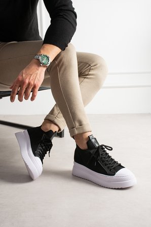Aesco Mn2601 Erkek Sneaker Vegan Deri Bağcıklı Günlük Ayakkabı Siyah