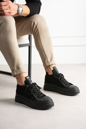 Aesco Mn2601 Erkek Sneaker Siyah Vegan Deri Kalın Tabanlı Ayakkabı