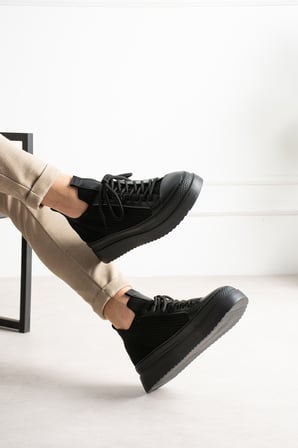 Aesco Mn2601 Erkek Sneaker Siyah Vegan Deri Kalın Tabanlı Ayakkabı