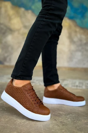 Aesco Erkek Sneaker Ayakkabı Taba Vegan Deri Ortopedik Bağcıklı Örgü Detaylı
