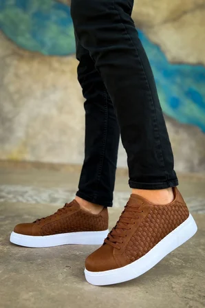 Aesco Erkek Sneaker Ayakkabı Taba Vegan Deri Ortopedik Bağcıklı Örgü Detaylı