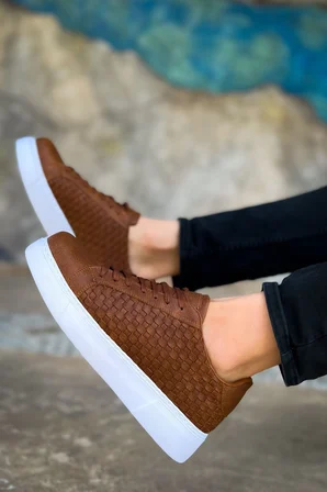 Aesco Erkek Sneaker Ayakkabı Taba Vegan Deri Ortopedik Bağcıklı Örgü Detaylı