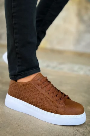 Aesco Erkek Sneaker Ayakkabı Taba Vegan Deri Ortopedik Bağcıklı Örgü Detaylı