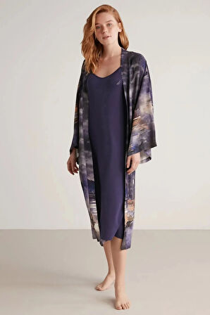 Aesco Nautıca W603 Kadın Baskılı Uzun Gecelik ve Sabahlık Takımı