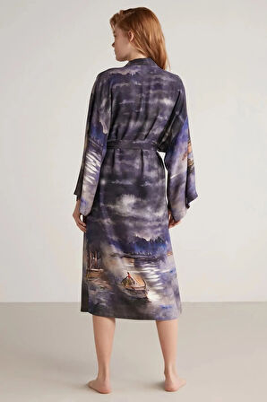 Aesco Nautıca W603 Kadın Baskılı Uzun Gecelik ve Sabahlık Takımı