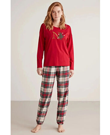 Aesco Nautıca W606 Kadın Uzun Kollu Ekoseli Pijama Takımı