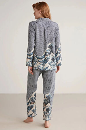 Aesco Nautıca W617 Kadın Uzun Kollu Önden Düğmeli Pijama Takımı