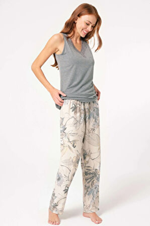 Aesco Anıl 5805 Viskon Çiçek Desenli Nakış Detaylı Sabahlıklı Pijama Takımı