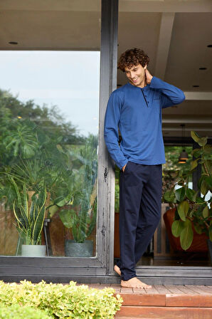 Aesco Kocabey 9133  Erkek Midi Yaka Uzun Kollu Pijama Takımı