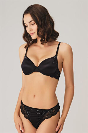 Aesco Dantelli Sabahlık Balenli Destekli Dolgulu Taşlı Sütyen ve String 3'lü Takım