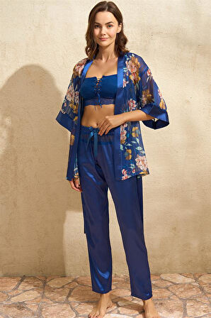 Aesco Tül Çiçek Baskılı Sabahlık Balensiz Desteksiz Dolgusuz Dantelli Büstiyer Sütyen ve Saten Panto