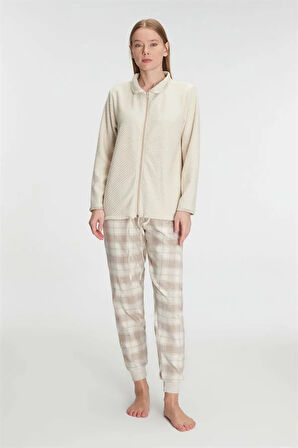 Aesco Fermuarlı Uzun Kol Sweatshirt Pantolon Takım Viskon ve Pamuklu Pijama Takımı