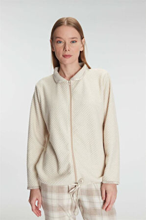 Aesco Fermuarlı Uzun Kol Sweatshirt Pantolon Takım Viskon ve Pamuklu Pijama Takımı