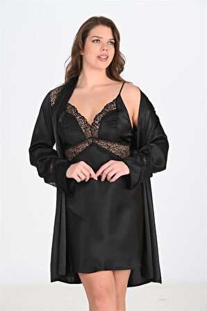 Aesco Büyük Beden 2li Siyah Sabahlık Takımı Bigsize