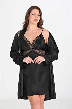 Aesco Büyük Beden 2li Siyah Sabahlık Takımı Bigsize