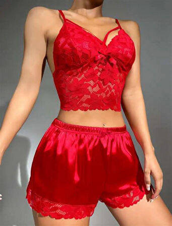 Aesco Kırmızı Dantelli Büstiyer İnce Askılı Saten Şortlu Takım