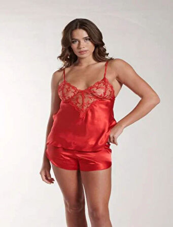 Aesco Kırmızı Dantel Detaylı İnce Askılı Saten Şortlu Takım