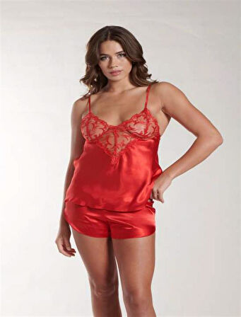 Aesco Kırmızı Dantel Detaylı İnce Askılı Saten Şortlu Takım