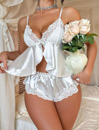 Aesco Dantel İşlemeli İnce Askılı Beyaz Saten Şortlu Takım