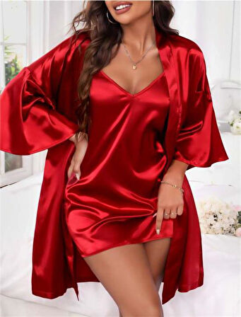 Aesco İnce Askılı Kırmızı Saten 2'li Gecelik Sabahlık Takımı