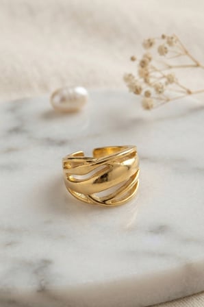 Örgü Formlu Geniş Tasarım Gold Renk Yüzük