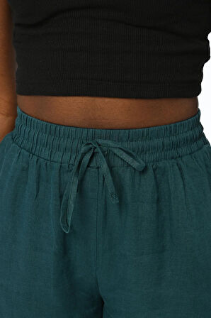 KADIN %100 KETEN NAKIŞ İŞLEMELİ RAHAT KALIP BOL PAÇA PETROL RENK PANTOLON