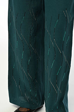 KADIN %100 KETEN NAKIŞ İŞLEMELİ RAHAT KALIP BOL PAÇA PETROL RENK PANTOLON