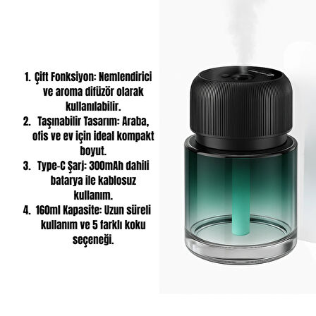 Taşınabilir Kablosuz Aroma Difüzör ve Nemlendirici | 160ml Kapasite | Type-C Şarjlı