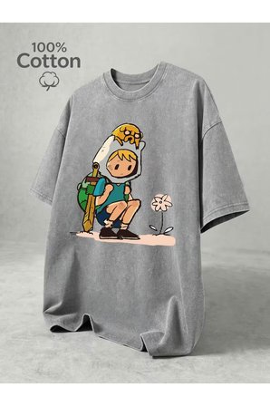 Adventure Time Baskılı Yıkamalı Vintage Unisex Oversize T-Shirt