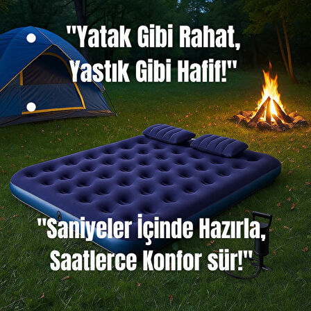 Çift Kişilik Şişme Yatak + El Pompası | 203x152x22 cm | Kamp, Ev, Araç İçi Konfor