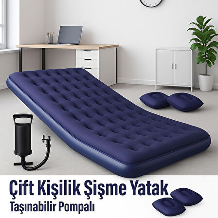 Çift Kişilik Şişme Yatak + El Pompası | 203x152x22 cm | Kamp, Ev, Araç İçi Konfor