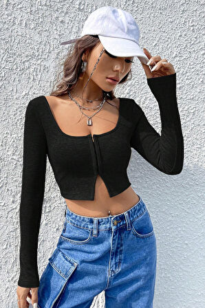 Kadın Siyah Uzun Kollu Agraflı Göğüs Ve Göbek Dekolteli Crop Top Bluz
