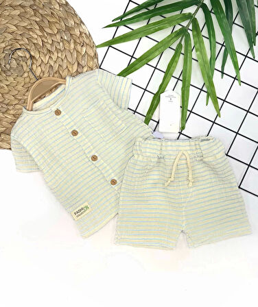 9-12-18-24 Ay Düğme Detaylı Çizgili Müslin Kumaş Yazlık 2li Erkek Bebek Takımı