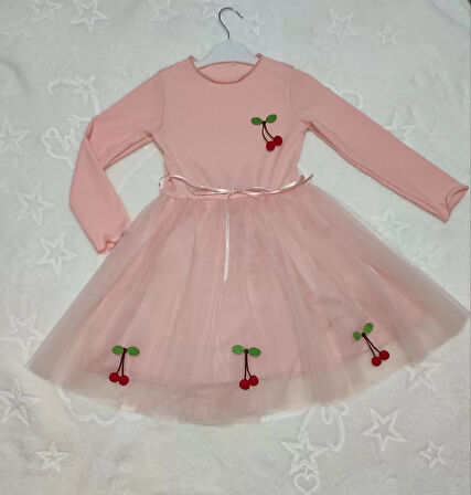 5-6-7 Yaş Kiraz Desenli Kurdela Kuşaklı Astarlı Uzun Kollu Kız Çocuk Tütü Elbise Somon