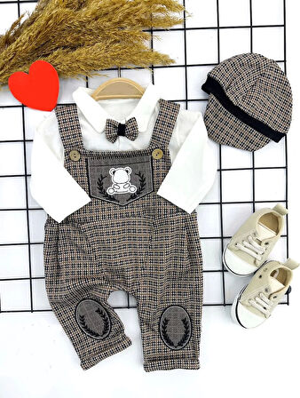 3-6-9-12 Ay Papyonlu Kırçıl Nakış Detaylı Kasket Şapkalı Uzun Kollu 3lü Erkek Bebek Salopet Takımı Bej