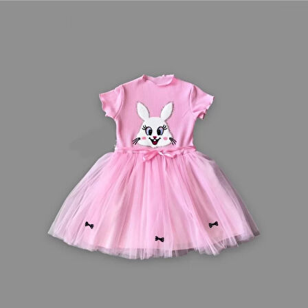 5-6-7 Yaş Payetli Tavşan Baskılı Kız Çocuk Elbisesi Pembe