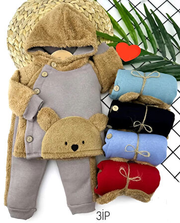 6-12-18-24 Ay Düğme Kapamalı Kapşonlu Ceket Welsoft Detaylı 2li Erkek Bebek Takımı Bej