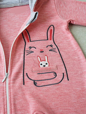 6-9 9-12 Ay Ef Çizgi Boy Fermuarlı Tavşan Nakışlı Kapşonlu Kız Erkek Bebek Tulumu Pembe